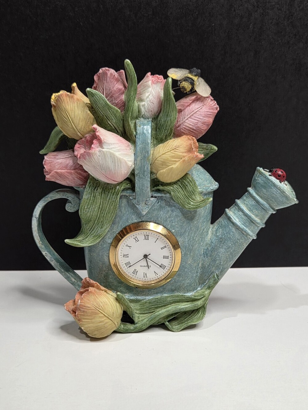 Cottagecore Decor Watering Can Desk Clock Tulip Bumblebee Resin Quartz Y2k As Is